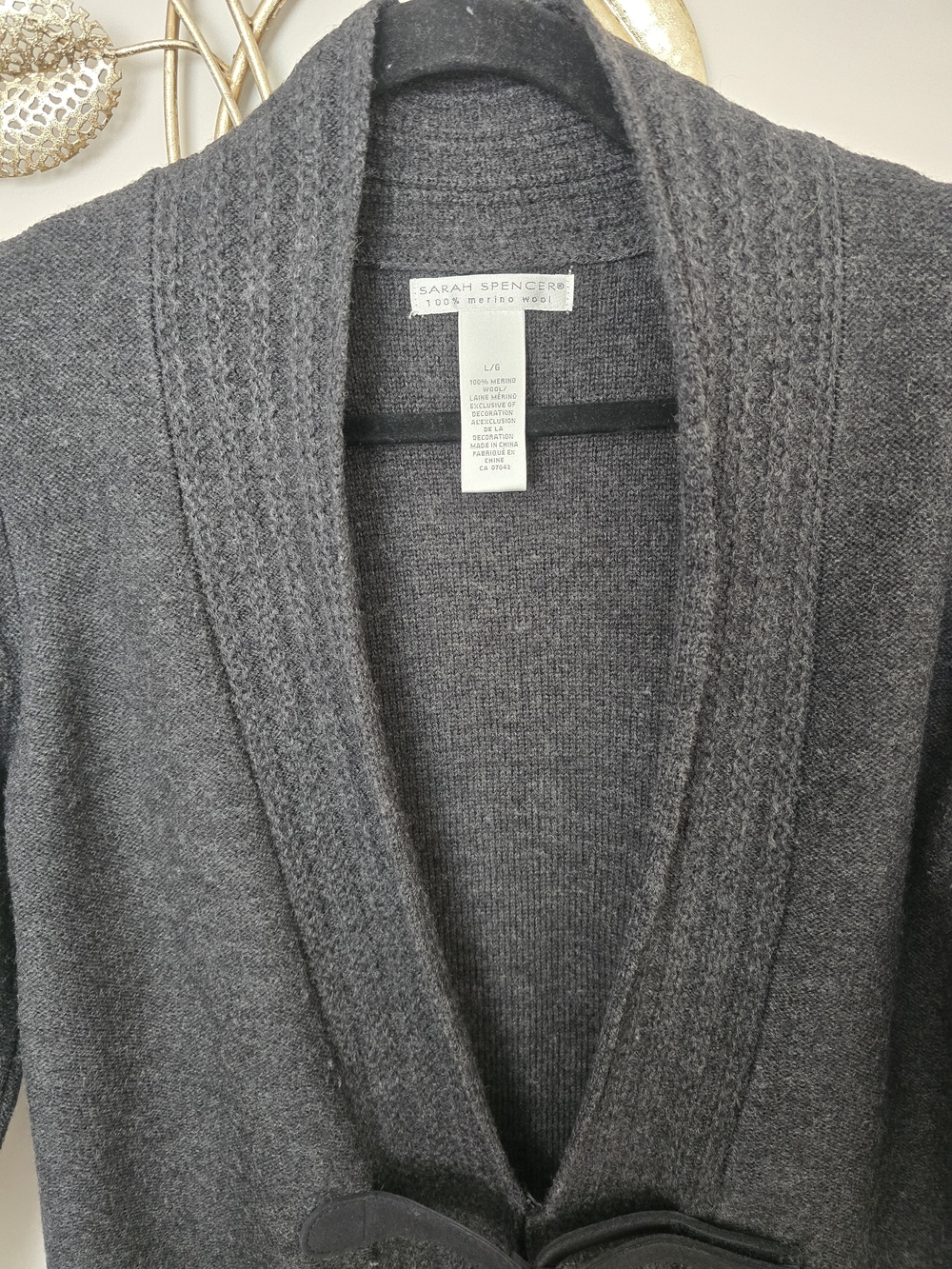 Sarah Spencer Dark Charcoal Shawl Collar Tie-Front Cardigan 100% Wool Size L - Picture 5 of 10